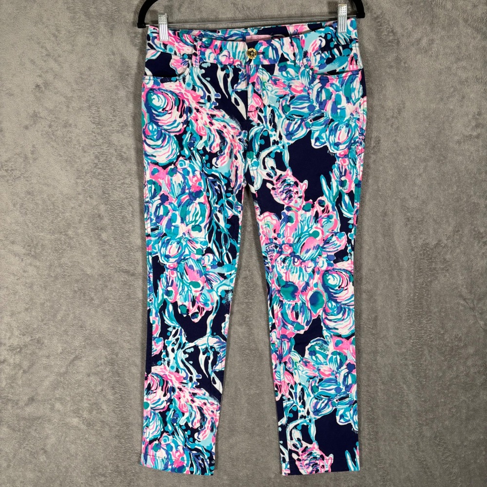 Lilly Pulitzer Caught Up Callahan Pants Size 2 Blue Pink Floral‎ Low Rise Resort